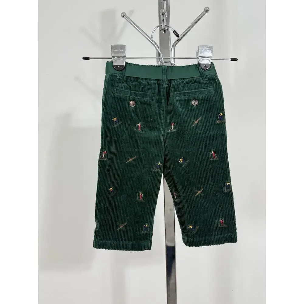 Ralph Lauren Baby 12M Green Corduroy Ski Skier Embroidered Pants Belted Unisex